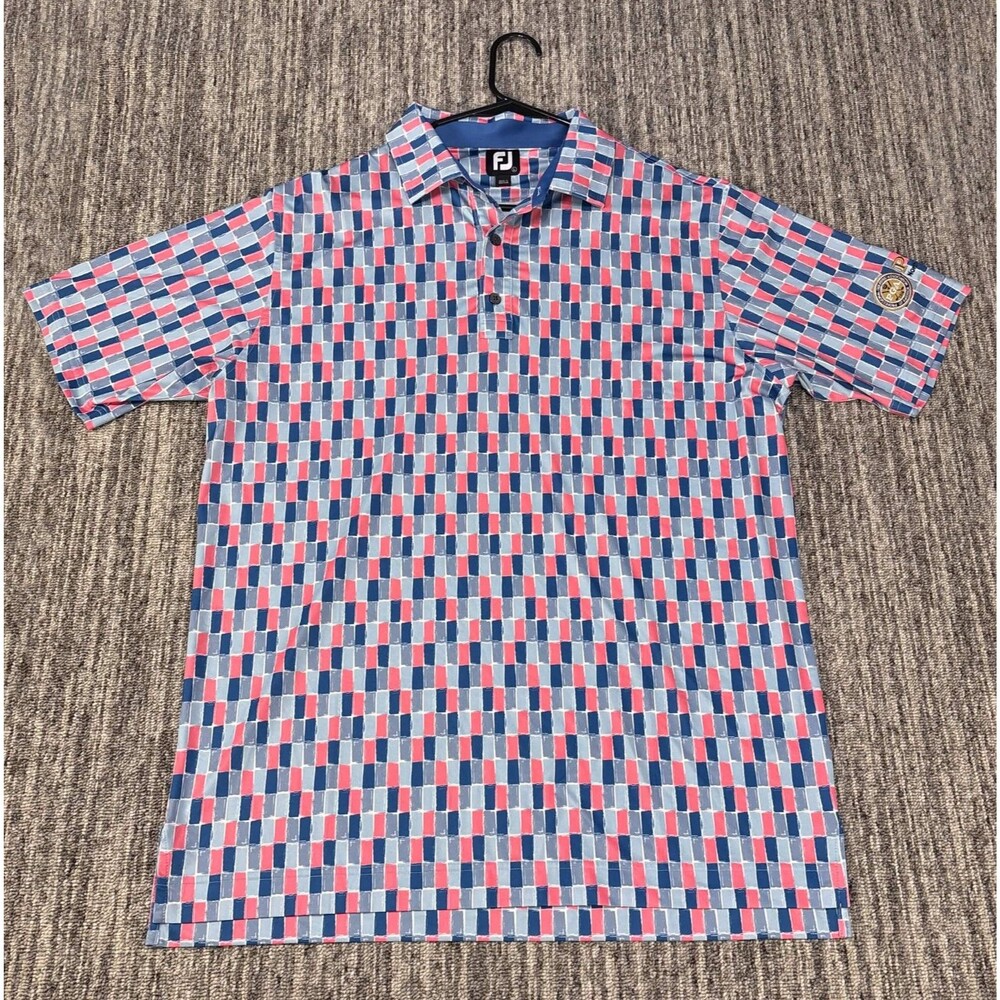 FootJoy FJ Golf Polo Shirt Mens Large Blue Pink Geometric Print Stretch PGA Logo